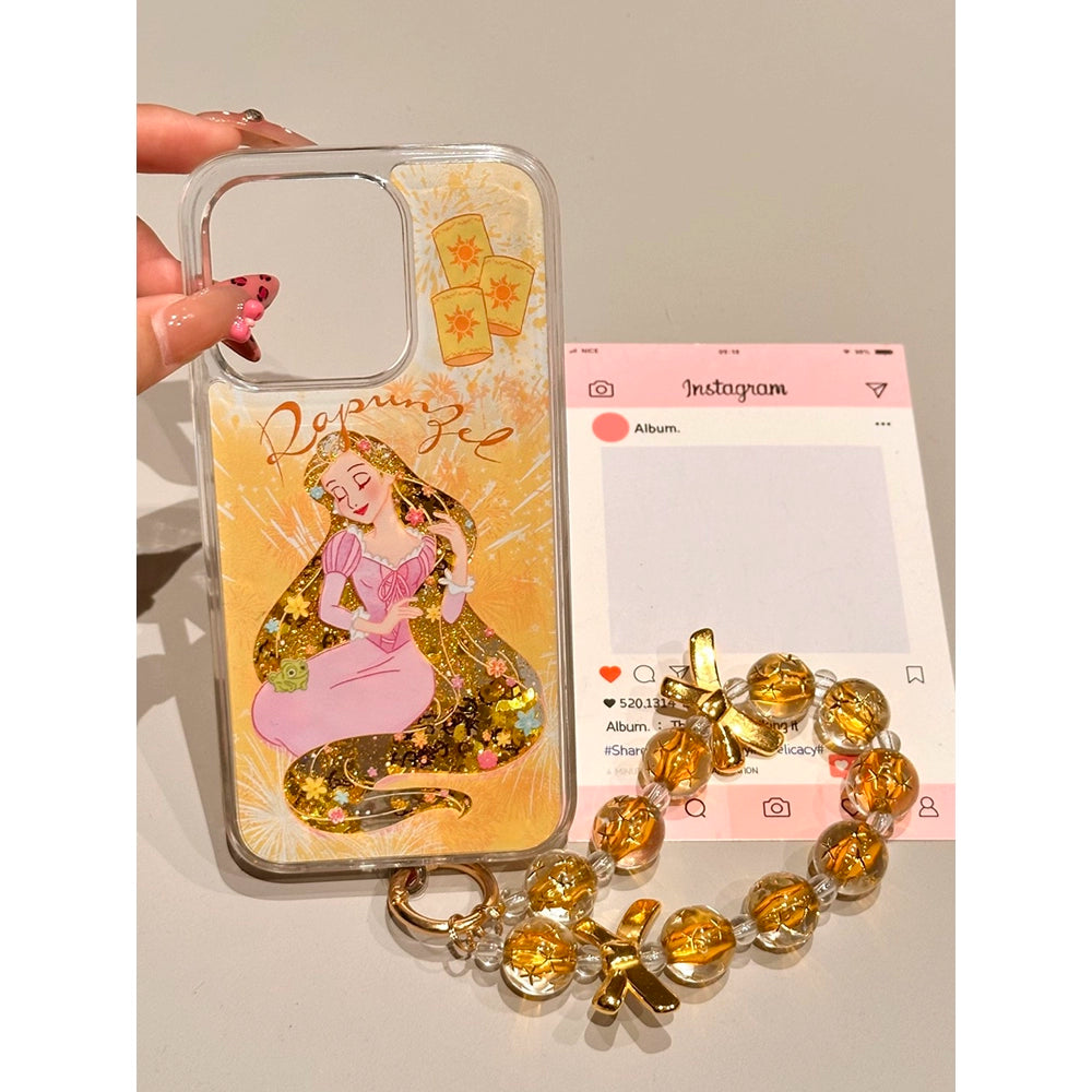 Yellow Bottom Fireworks Blonde Princess Quicksand Aesthetic Mobile Phone Case, Gold Glitter Mobile Phone Case with Phone Chain Suitable for iPhone16 iPhone15 iPhone14 iPhone13