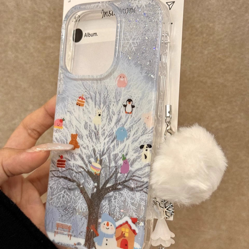 Winter Snow Scene Snow Tree Penguin Snowman Cute Little Animal Aesthetics Mobile Phone Case with Mobile Phone Chain Pendant Suitable for iPhone16 iPhone15 iPhone14 iPhone13