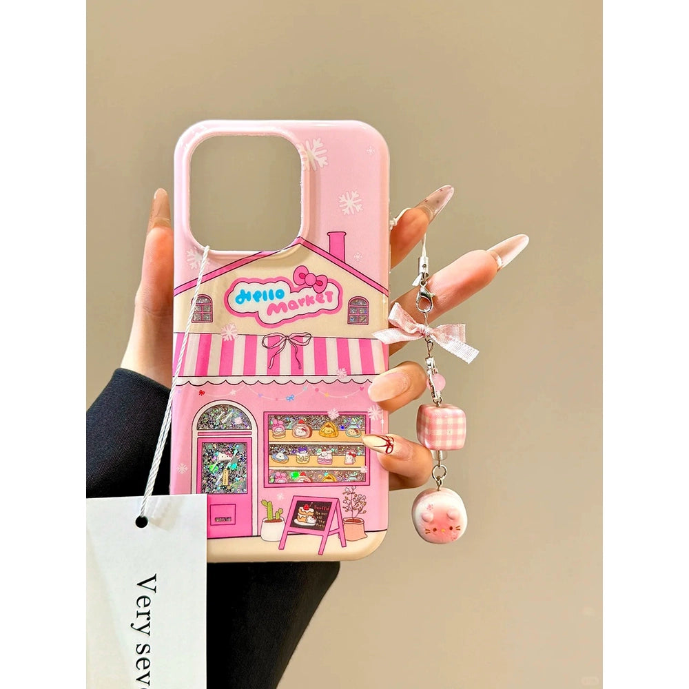 Girly Heart Cute Dessert House Cat Sweet Phone Case with Phone Chain Pendant Suitable for iPhone16 iPhone15 iPhone14 iPhone13