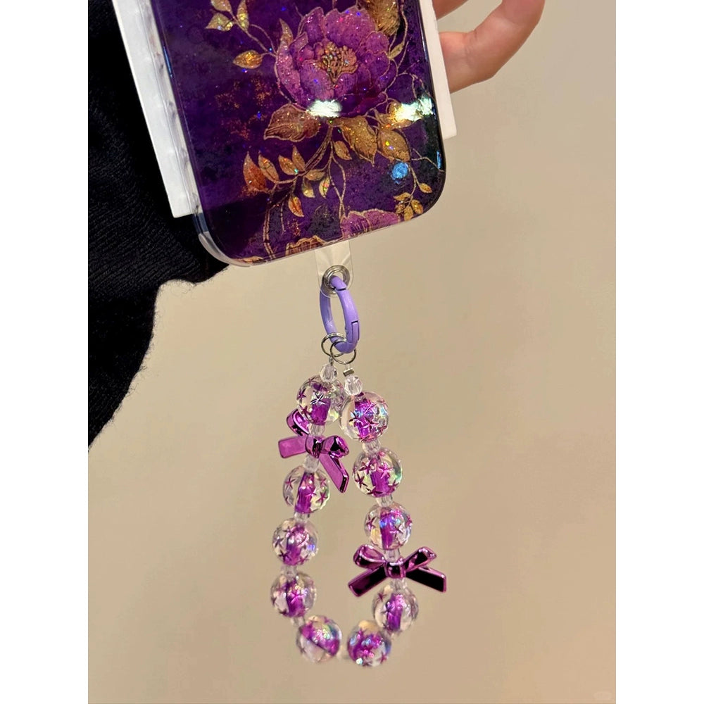 Transparent Purple Golden Peony Purple Bead Chain Aesthetic Mobile Phone Case with Mobile Phone Chain Pendant Suitable for iPhone16 iPhone15 iPhone14 iPhone13