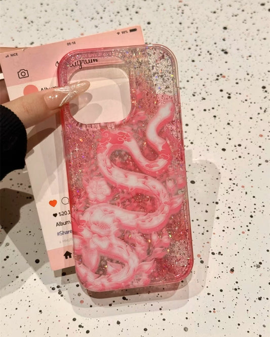 Transparent Glitter Pink Sequined Floral Snake Double-sided Aesthetic Mobile Phone Case Suitable for iPhone16 iPhone15 iPhone14 iPhone13