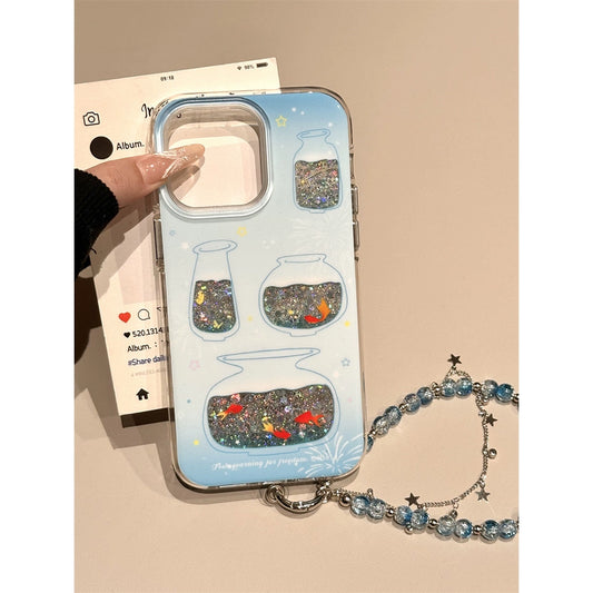 Blue Background Glitter Lines Goldfish Bottle Gradual Change Blue Aesthetic Phone Case Suitable for iPhone16 iPhone15 iPhone14 iPhone13