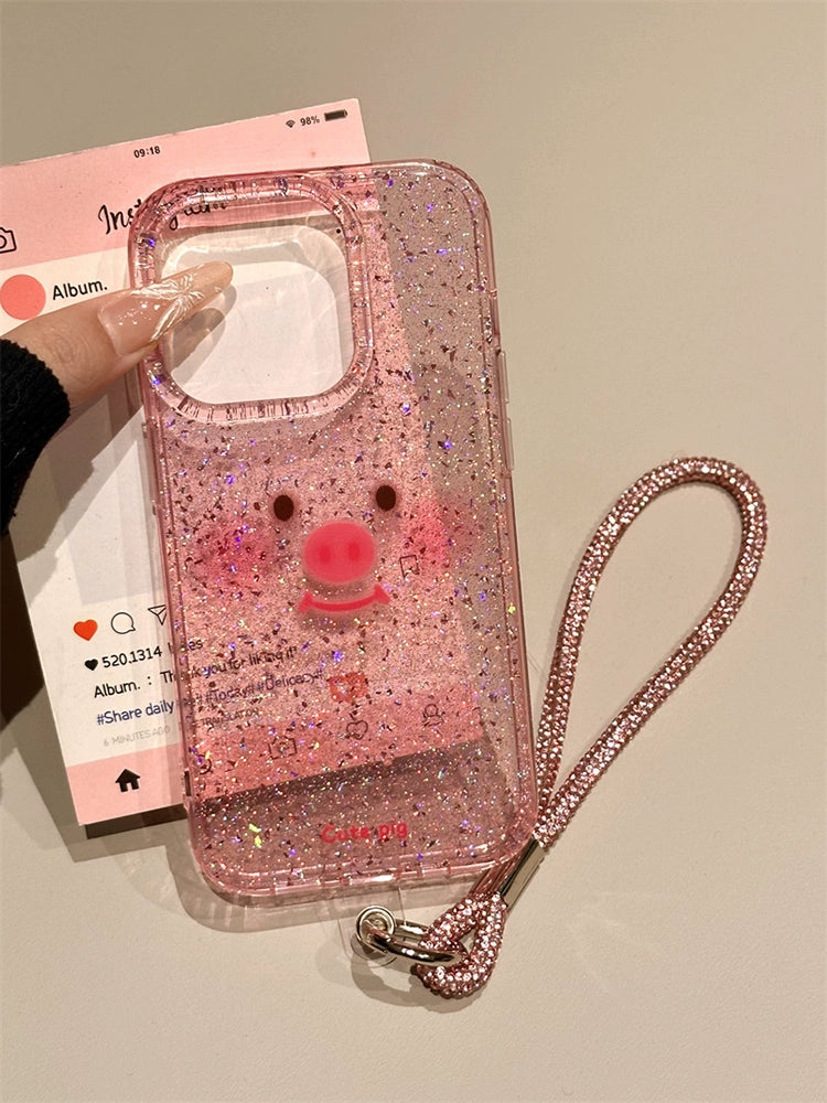 Cute Transparent Pink Sequined Piggy Emoji Phone Case with Lanyard Suitable for iPhone16 iPhone15 iPhone14 iPhone13