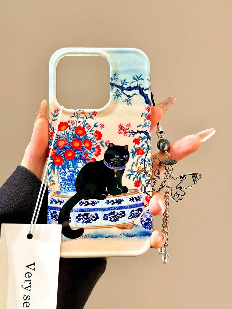 Blue and White Porcelain Red Flower Black Cat Lucky Aesthetic Mobile Phone Case with Mobile Phone Chain Pendant Suitable for iPhone16 iPhone15 iPhone14 iPhone13