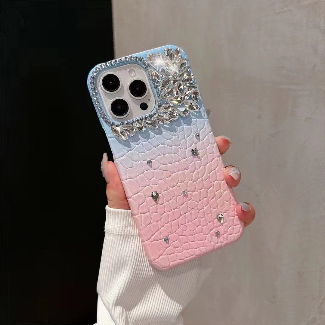 Handmade Rhinestones Gradually Change Crocodile Leather Pattern Elegant Aesthetic Mobile Phone Case Suitable for iPhone16 iPhone15 iPhone14 iPhone13