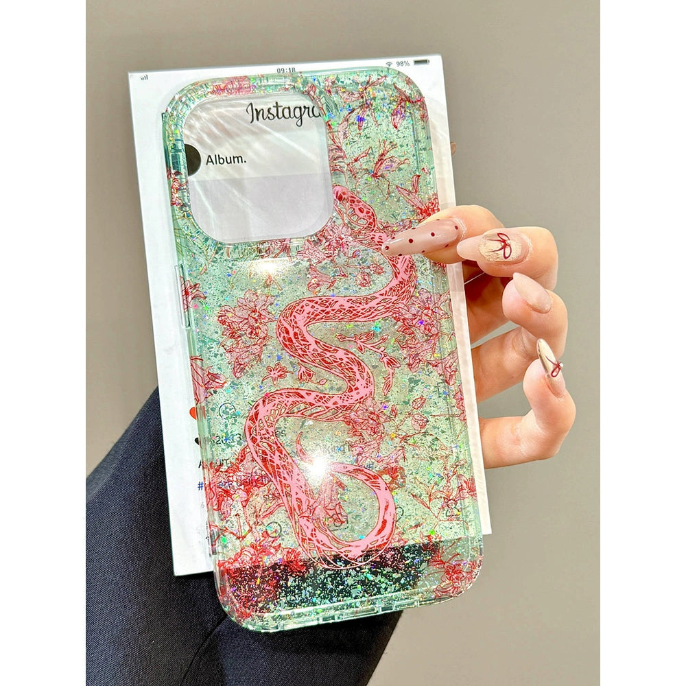 Sequined Double-layer Pink Dragon Bell Green Aesthetic Mobile Phone Case with Hand Strap Mobile Phone Chain Pendant Suitable for iPhone16 iPhone15 iPhone14 iPhone13