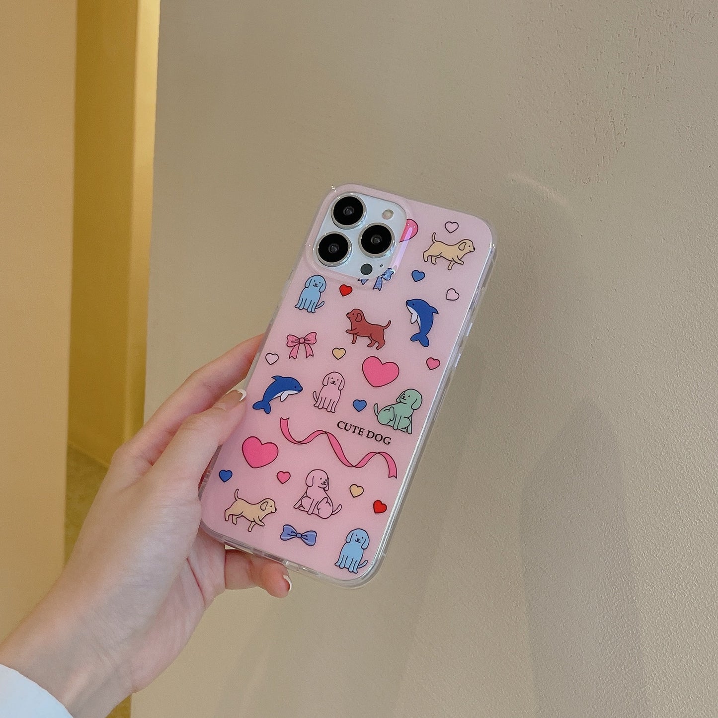 Double-layer Printing Graffiti Pink Cute Animal Puppy Dolphin Love Aesthetics Phone Case Suitable for iPhone16 iPhone15 iPhone14 iPhone13