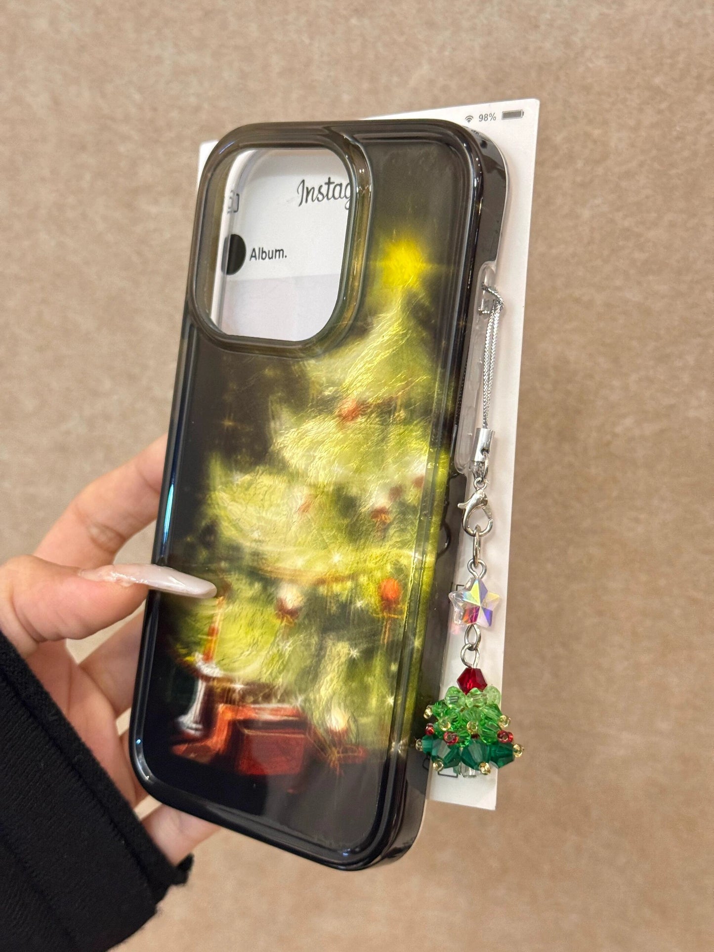 Lights Luminous Christmas Tree Art Aesthetics Mobile Phone Case with Mobile Phone Chain Pendant Suitable for iPhone16 iPhone15 iPhone14 iPhone13