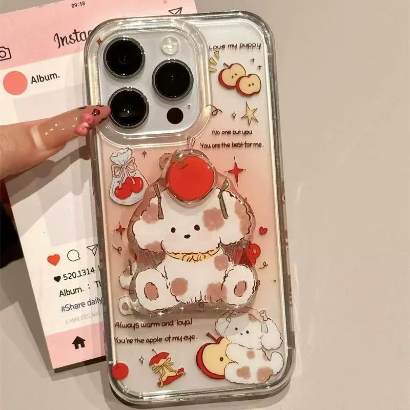 Cartoon Smudge Pink Rotating Apple Puppy Cute Clean Transparent Aesthetic Phone Case Suitable for iPhone16 iPhone15 iPhone14 iPhone13