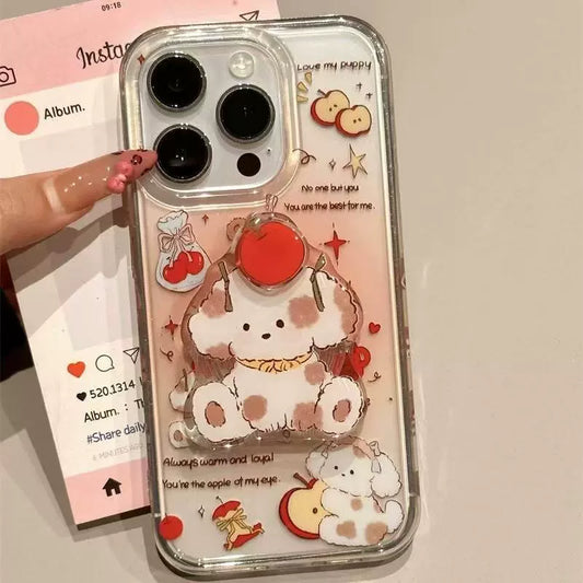 Cartoon Smudge Pink Rotating Apple Puppy Cute Clean Transparent Aesthetic Phone Case Suitable for iPhone16 iPhone15 iPhone14 iPhone13