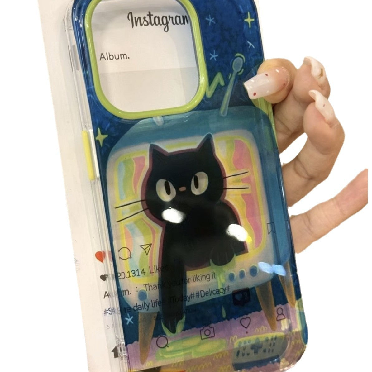 Oil Painting Black Cat TV Blue Background Cute Mobile Phone Case with Magnetic Bracket Suitable for iPhone16 iPhone15 iPhone14 iPhone13