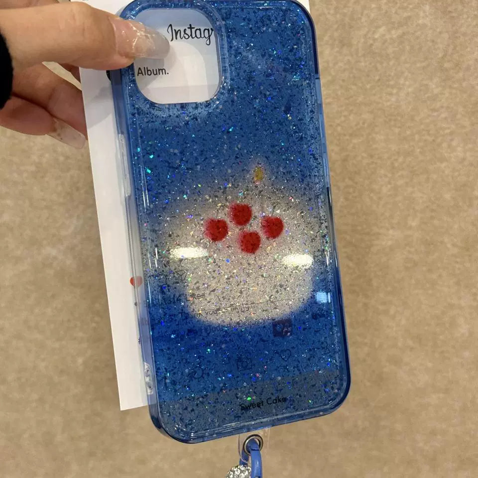 Translucent Cherry Cake Blue Bottom Glitter Shiny Aesthetic Mobile Phone Case with Mobile Phone Chain Pendant Suitable for iPhone16 iPhone15 iPhone14 iPhone13