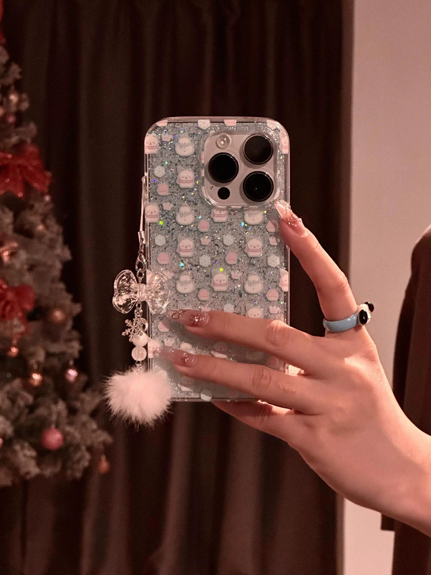 Winter Cute Snowflake Glitter Snowman Transparent Mobile Phone Case with Plush Mobile Phone Chain Pendant Suitable for iPhone16 iPhone15 iPhone14 iPhone13