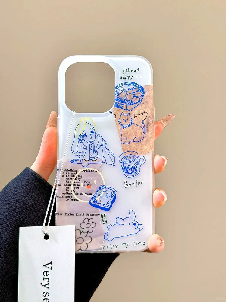 Blue Line Cat Girl Illustration Cute Phone Case Suitable for iPhone16 iPhone15 iPhone14 iPhone13