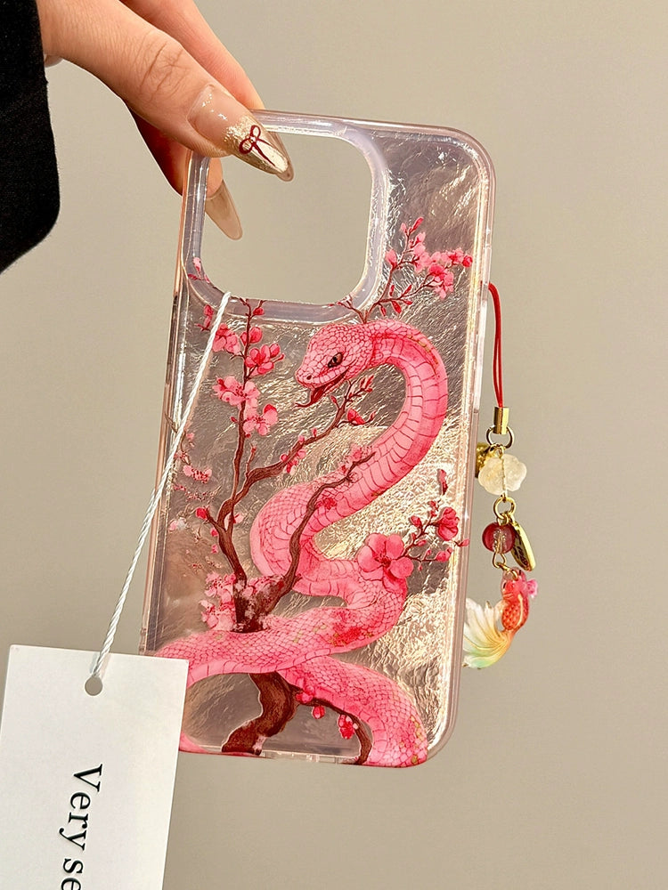 Chinese Style Begonia Pollen Snake Koi Aesthetic Mobile Phone Case with Mobile Phone Chain Pendant Suitable for iPhone16 iPhone15 iPhone14 iPhone13