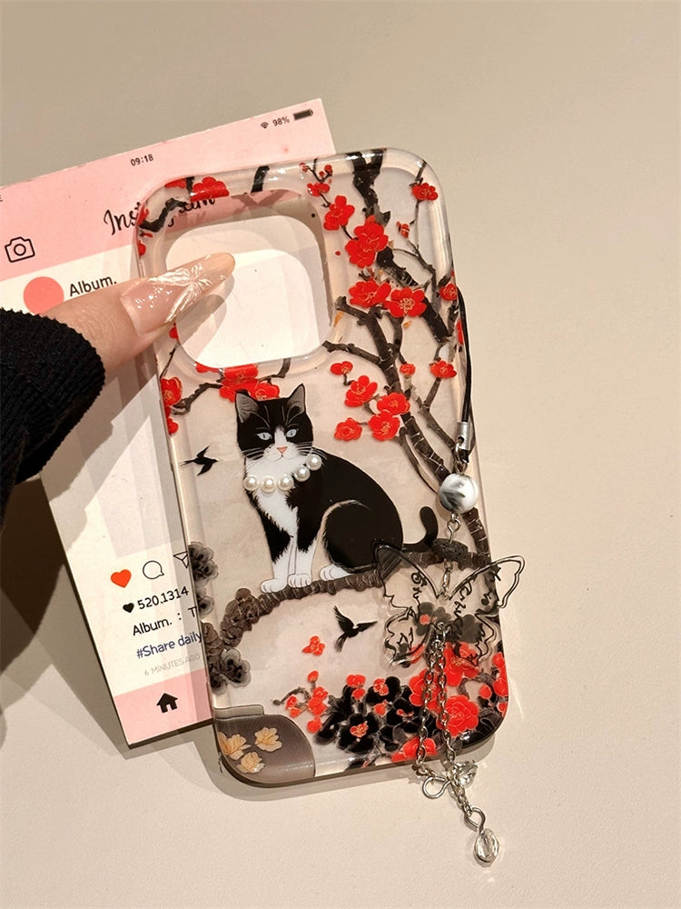 Plum Blossom Branch Small Black Cat Illustration Cute Aesthetic Phone Case Suitable for iPhone16 iPhone15 iPhone14 iPhone13