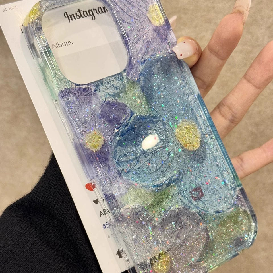 Translucent Glitter Blue Purple Oil Painting Flower Art Aesthetics Mobile Phone Case Suitable for iPhone16 iPhone15 iPhone14 iPhone13