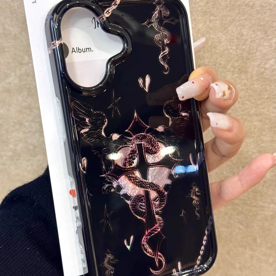 Hollow Love Wings Black Snake Blackpink Aesthetics Mobile Phone Case Cool Girl Suitable for iPhone16 iPhone15 iPhone14 iPhone13 with Phone Chain