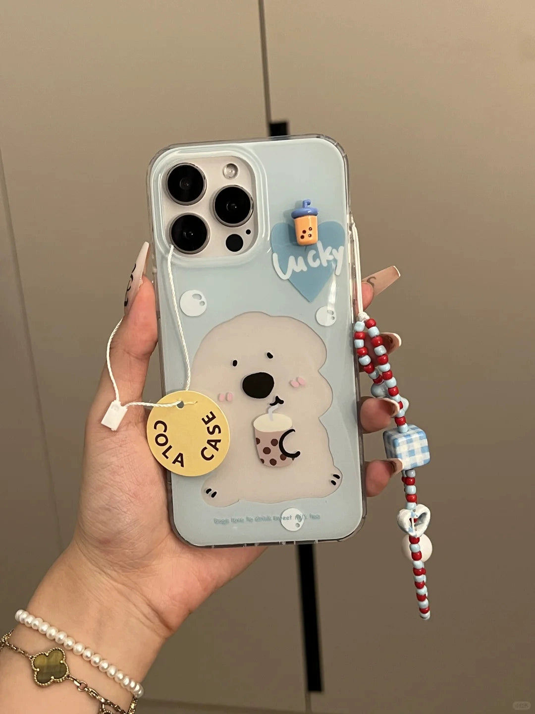 Dog Drinking Milk Tea Illustration Hollow Cute Mobile Phone Case with Mobile Phone Chain Pendant Suitable for iPhone16 iPhone15 iPhone14 iPhone13