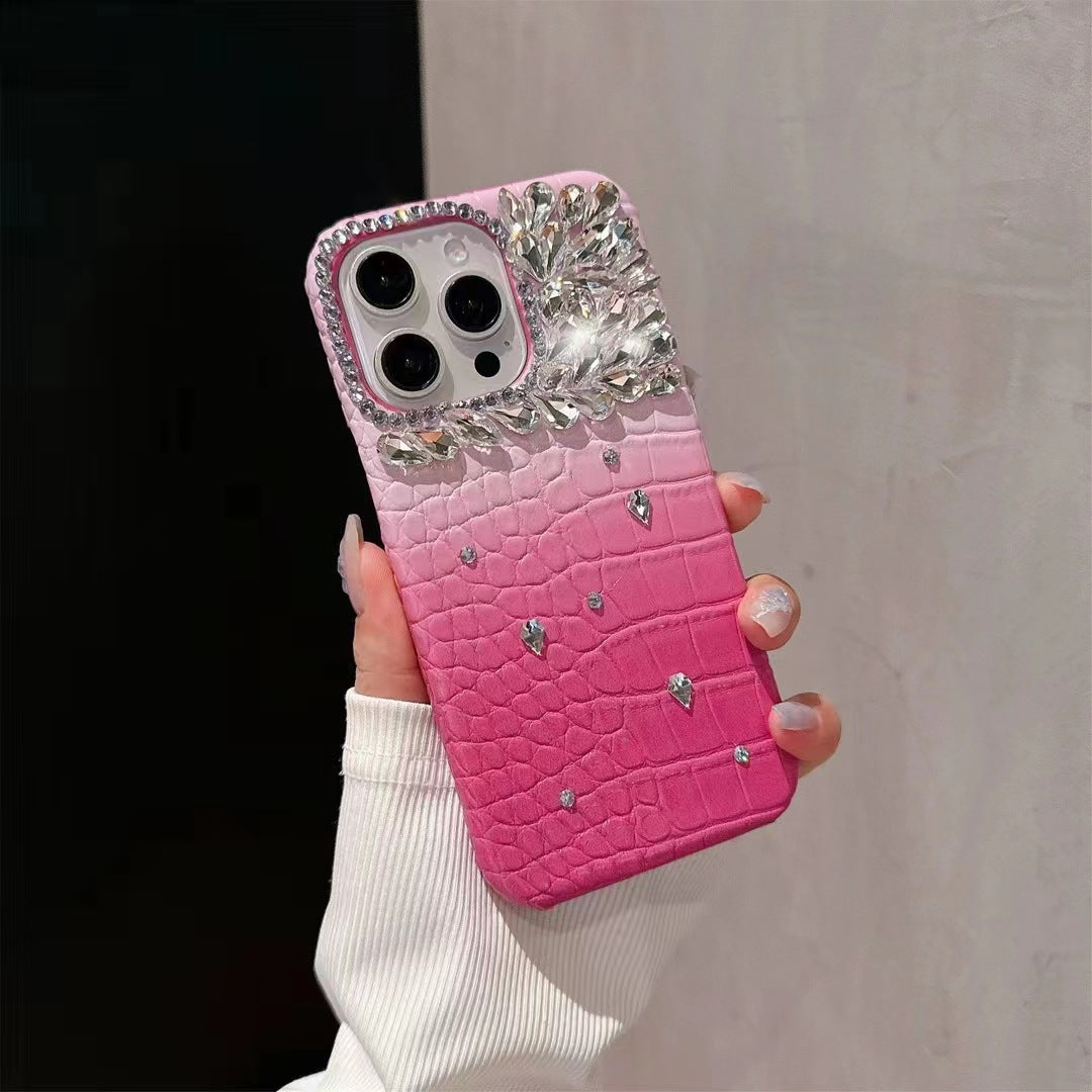 Handmade Rhinestones Gradually Change Crocodile Leather Pattern Elegant Aesthetic Mobile Phone Case Suitable for iPhone16 iPhone15 iPhone14 iPhone13