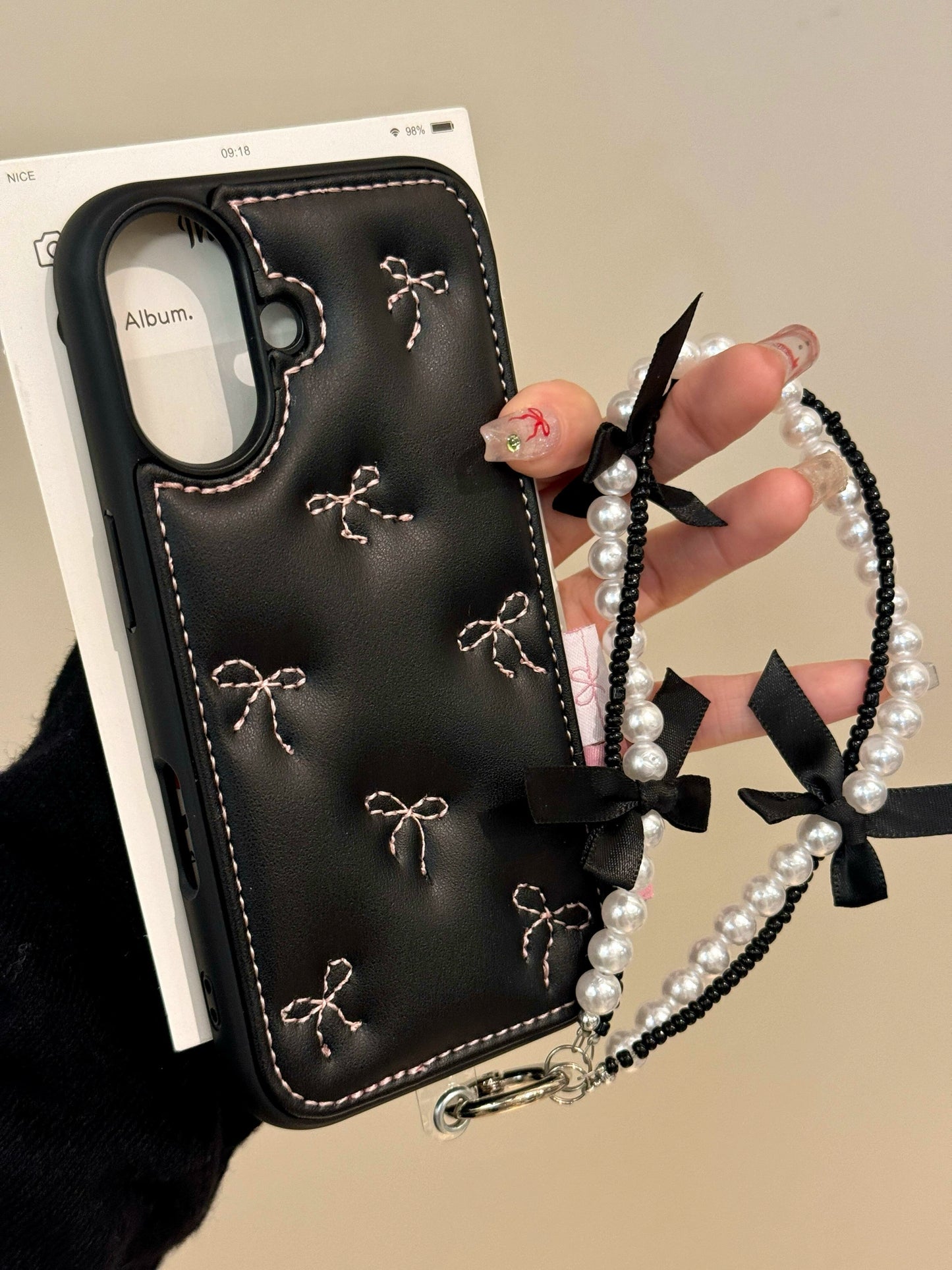 Black Background Embroidered Bow Mobile Phone Case with Mobile Phone Chain Pendant Suitable for iPhone16 iPhone15 iPhone14 iPhone13