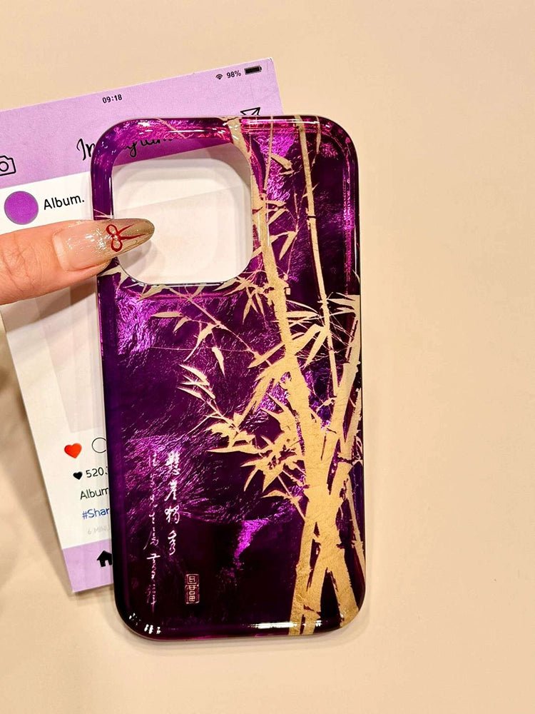 Retro Bamboo Ink Fan Purple Phone Case with Fringed Phone Chain Suitable for iPhone16 iPhone15 iPhone14 iPhone13