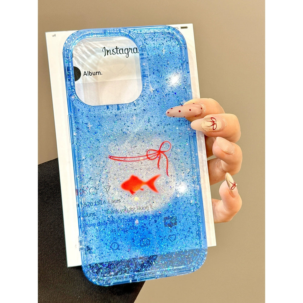 Transparent Blue Bag Fish Tank Goldfish Glitter Aesthetic Lucky Mobile Phone Case with Mobile Phone Chain Pendant Suitable for iPhone16 iPhone15 iPhone14 iPhone13