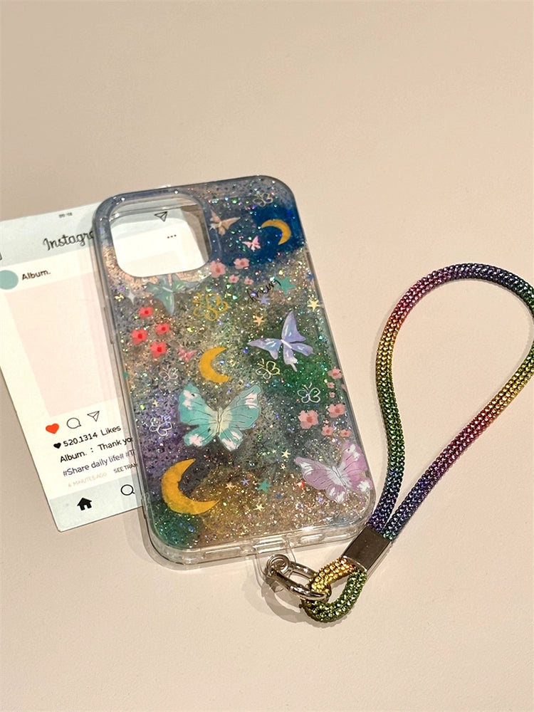 Gradual Change Color Floral Butterfly Illustration Translucent Glitter Aesthetic Mobile Phone Case Suitable for iPhone16 iPhone15 iPhone14 iPhone13