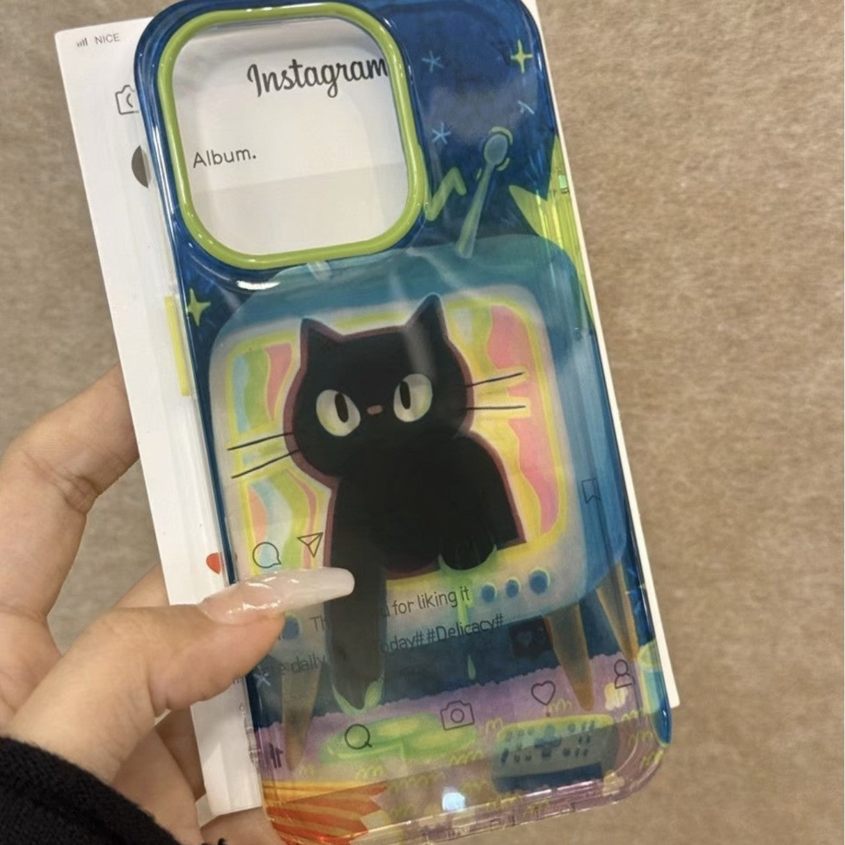 Oil Painting Black Cat TV Blue Background Cute Mobile Phone Case with Magnetic Bracket Suitable for iPhone16 iPhone15 iPhone14 iPhone13