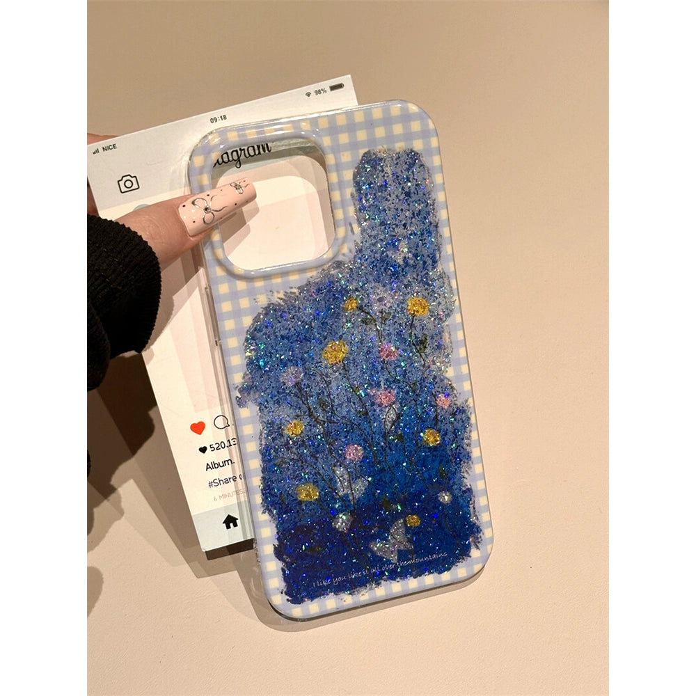 Blue Plaid Glitter Butterfly Floral Sweet Aesthetic Phone Case Suitable for iPhone16 iPhone15 iPhone14 iPhone13