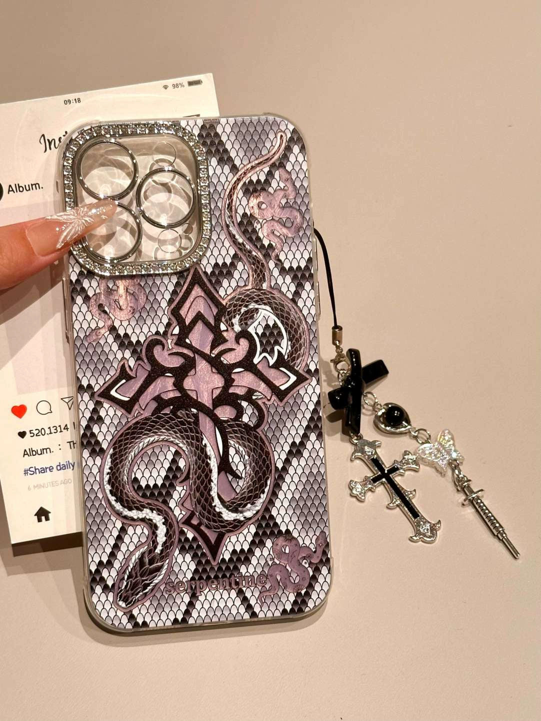 Rhombus Cross, Black and White Snake with Diamond Frame, Black and Pink Aesthetic Mobile Phone Case with Mobile Phone Chain Pendant Coquette Suitable for iPhone16 iPhone15 iPhone14 iPhone13