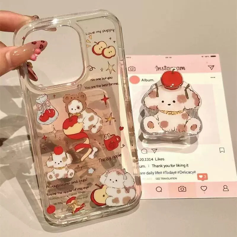 Cartoon Smudge Pink Rotating Apple Puppy Cute Clean Transparent Aesthetic Phone Case Suitable for iPhone16 iPhone15 iPhone14 iPhone13