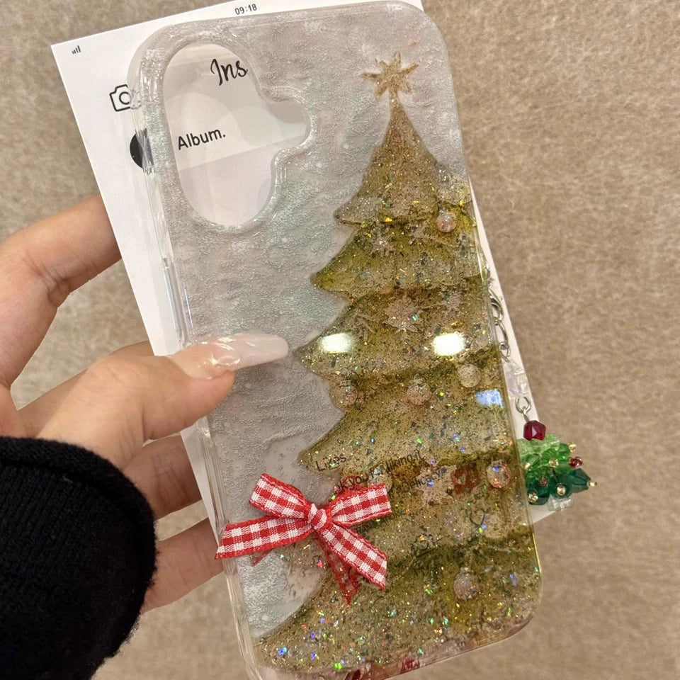 Girl Translucent Bow Christmas Tree Glitter Aesthetic Mobile Phone Case with Mobile Phone Chain Pendant Suitable for iPhone16 iPhone15 iPhone14 iPhone13