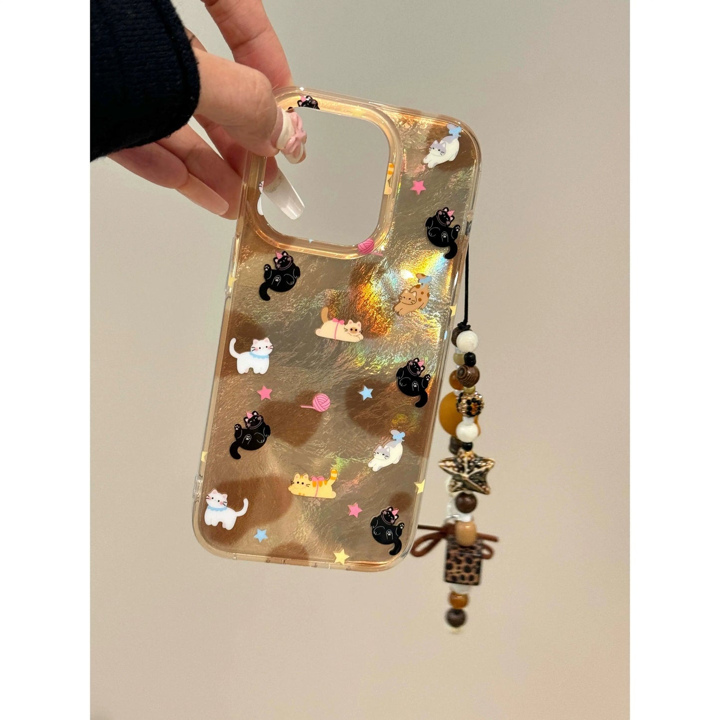 Tin Foil Pattern Brown Love Cat Cute Aesthetic Mobile Phone Case with Mobile Phone Chain Pendant Suitable for iPhone16 iPhone15 iPhone14 iPhone13