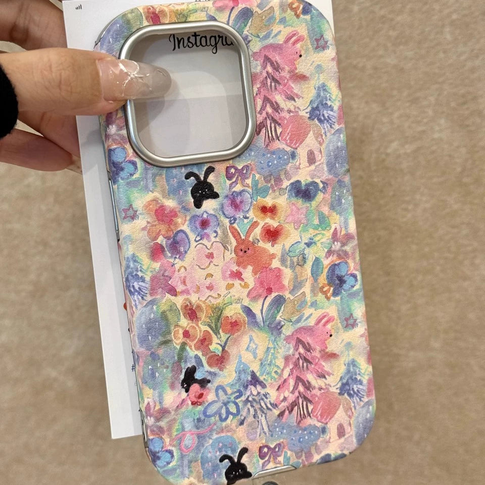 Pastoral Garden Flower Rabbit Aesthetic Mobile Phone Case with Mobile Phone Chain Pendant Suitable for iPhone16 iPhone15 iPhone14 iPhone13