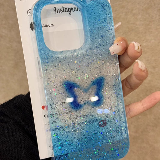 Translucent Blue Glitter Hollow Butterfly Art Aesthetic Phone Case, Soft and Sweet Girl Suitable for iPhone16 iPhone15 iPhone14 iPhone13