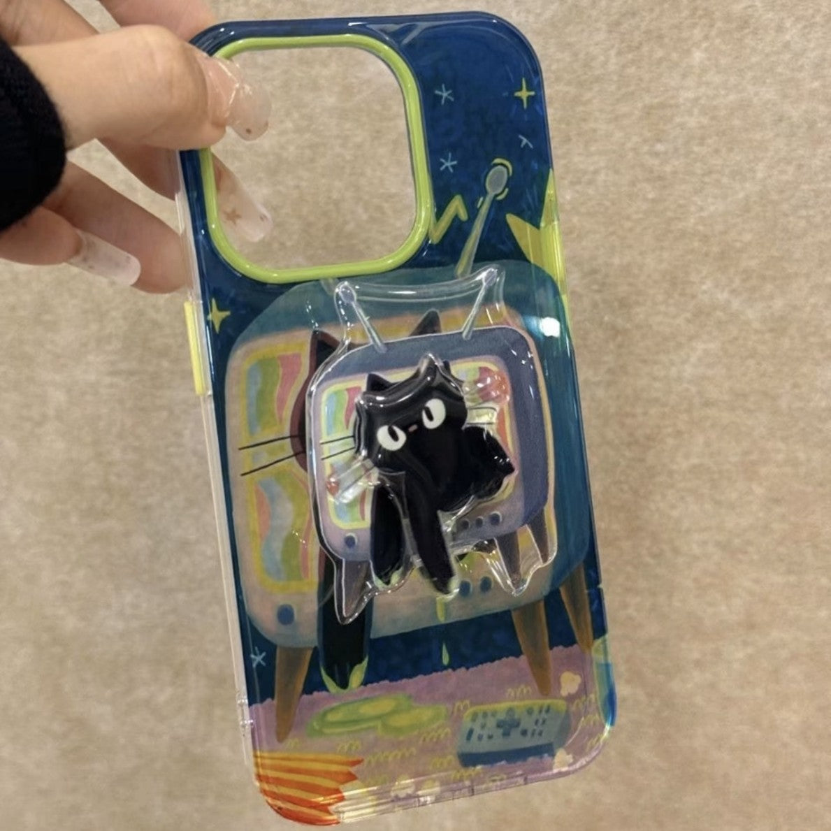 Oil Painting Black Cat TV Blue Background Cute Mobile Phone Case with Magnetic Bracket Suitable for iPhone16 iPhone15 iPhone14 iPhone13