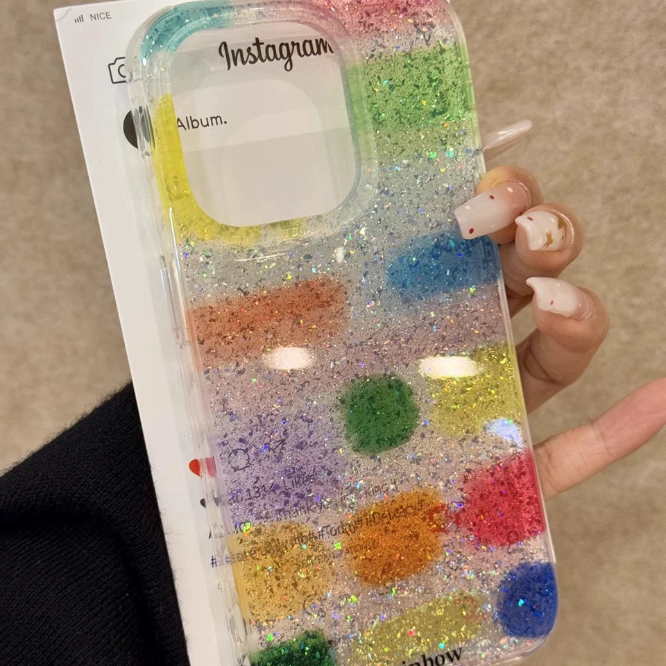 Translucent Glitter Square Color Block Rainbow Color Art Aesthetics Mobile Phone Case with Mobile Phone Chain Pendant Suitable for iPhone16 iPhone15 iPhone14 iPhone13