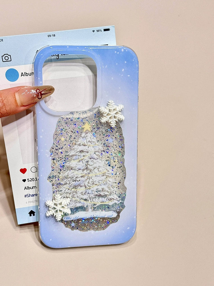 Sequin Glitter Christmas Tree Three-dimensional Snowflake Hairball Mobile Phone Case with Mobile Phone Chain Pendant Suitable for iPhone16 iPhone15 iPhone14 iPhone13