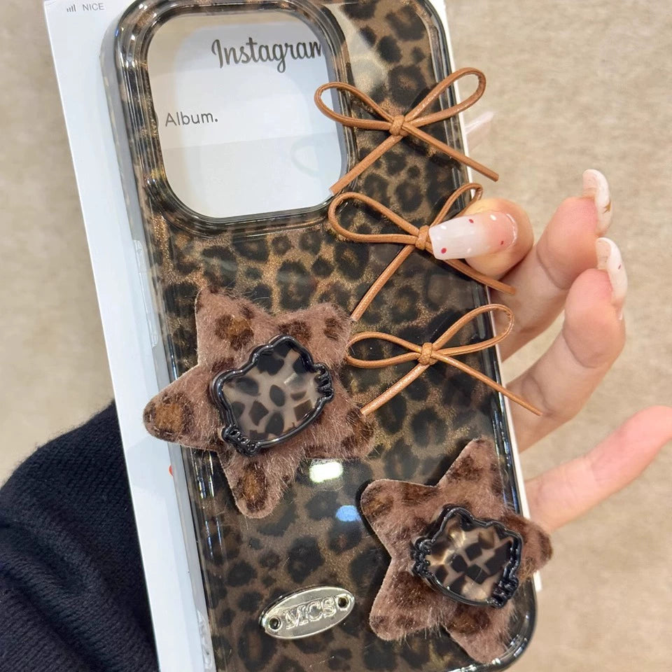 Leopard Print Cat Star Bow Three-dimensional Aesthetic Mobile Phone Case, Sexy and Sweet Girl Coquette Suitable for iPhone16 iPhone15 iPhone14 iPhone13