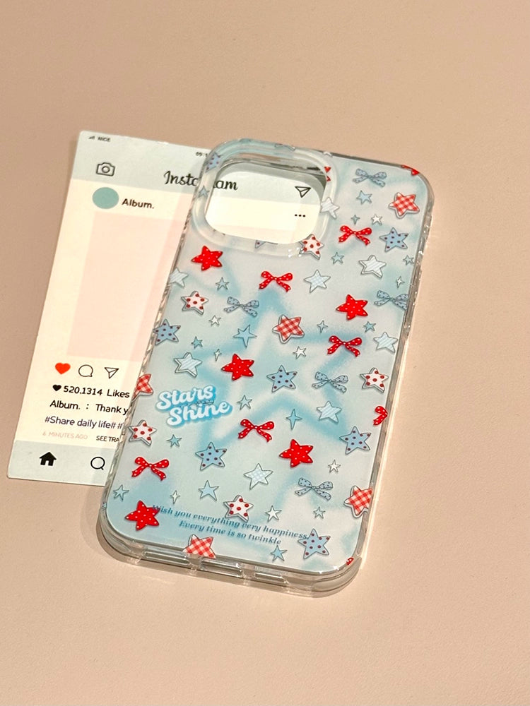 Blue Bottom Bow Star Cute Phone Case Suitable for iPhone16 iPhone15 iPhone14 iPhone13