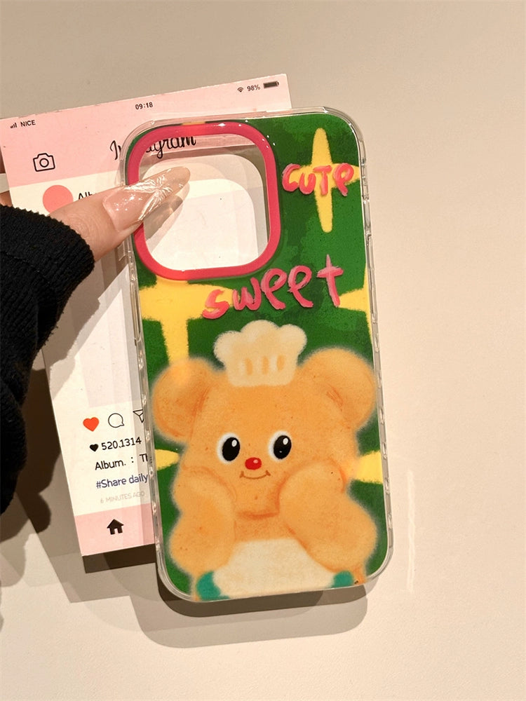 Cartoon Green Background Yellow Bear Illustration Cute Phone Case Suitable for iPhone16 iPhone15 iPhone14 iPhone13