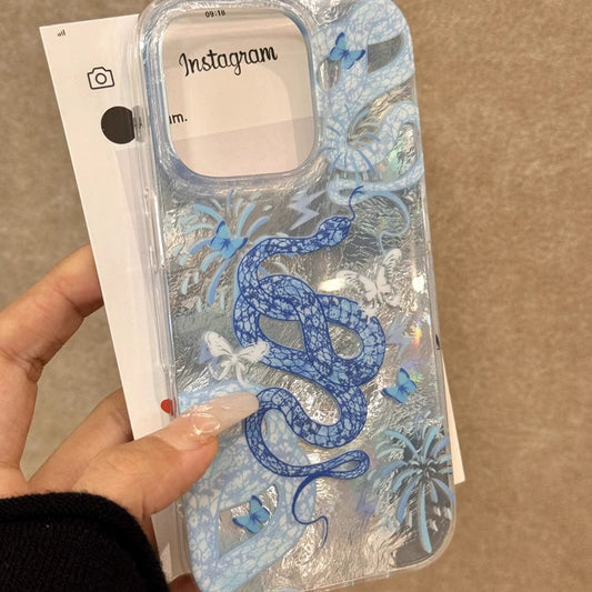 Blue Fireworks Blue Snake Butterfly Tin Tissue Shiny Dream Aesthetic Phone Case Suitable for iPhone16 iPhone15 iPhone14 iPhone13