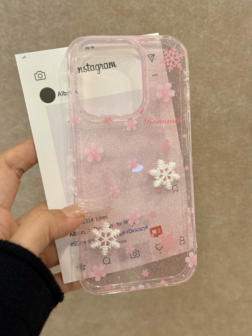 Beautiful Translucent Pink Glitter Snowflake Cherry Blossom Dream Aesthetic Mobile Phone Case Suitable for iPhone16 iPhone15 iPhone14 iPhone13