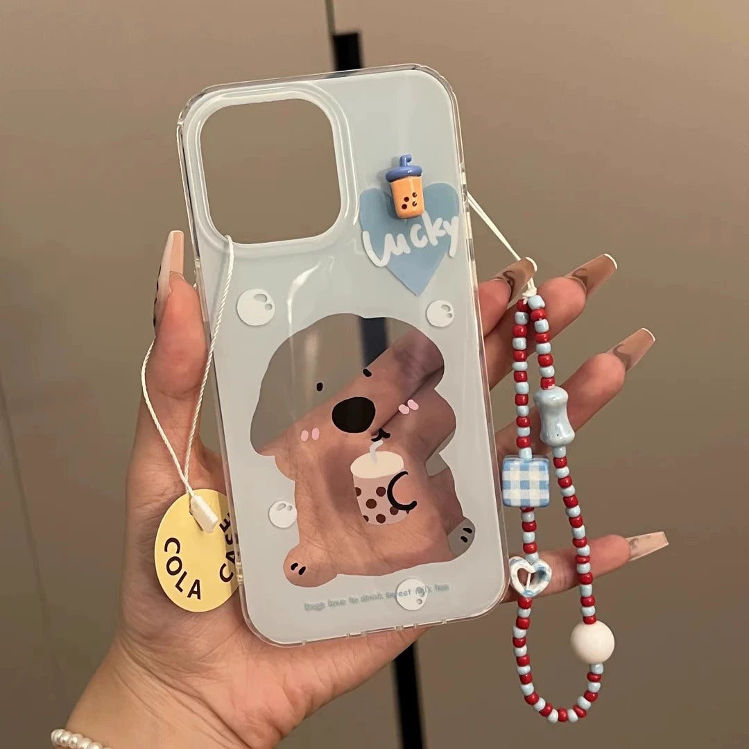 Dog Drinking Milk Tea Illustration Hollow Cute Mobile Phone Case with Mobile Phone Chain Pendant Suitable for iPhone16 iPhone15 iPhone14 iPhone13