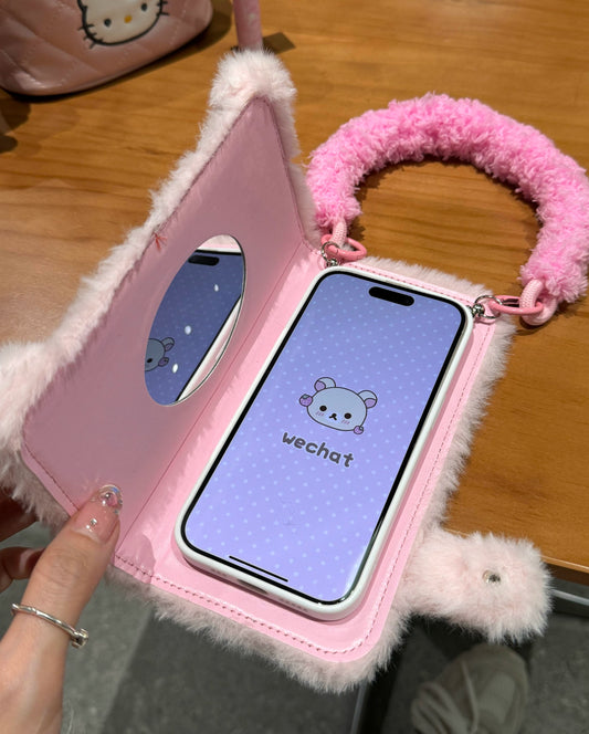 Plush Flip Brown Pink Bear Mirror Phone Case with Wrist Lanyard Pendant Suitable for iPhone16 iPhone15 iPhone14 iPhone13