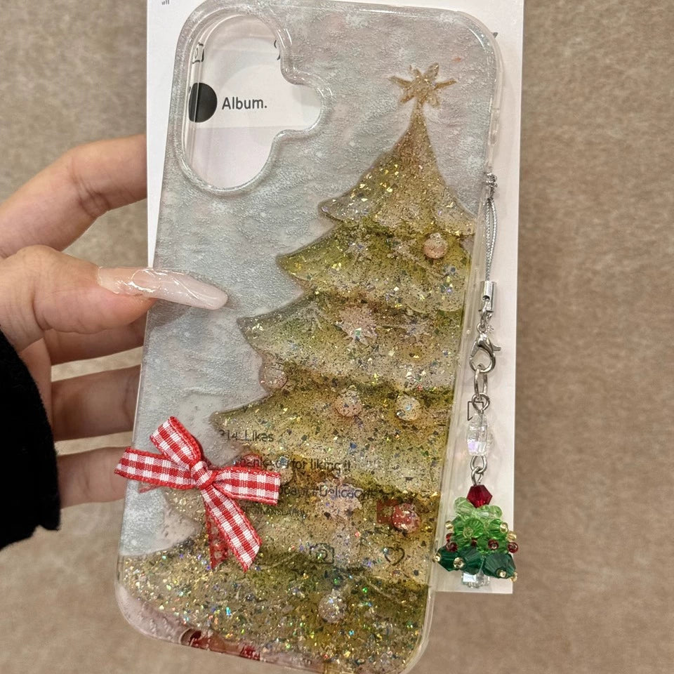 Girl Translucent Bow Christmas Tree Glitter Aesthetic Mobile Phone Case with Mobile Phone Chain Pendant Suitable for iPhone16 iPhone15 iPhone14 iPhone13