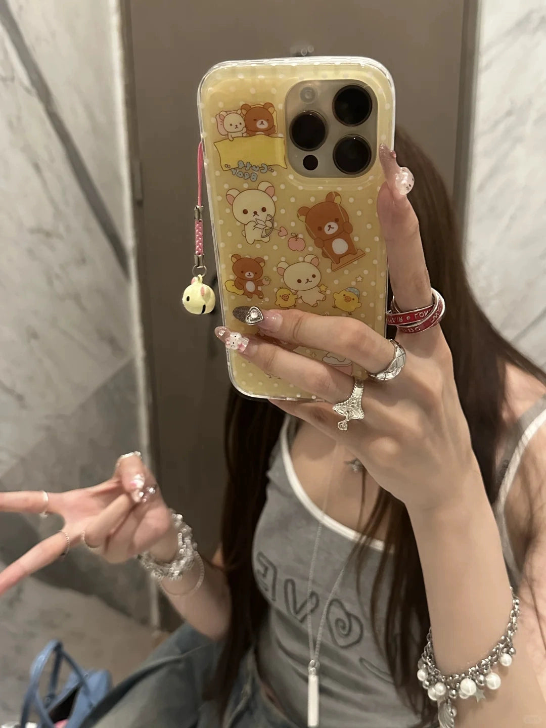 Cute Cartoon Bear Yellow Pink Mobile Phone Case with Mobile Phone Rope Bell Pendant Suitable for iPhone16 iPhone15 iPhone14 iPhone13