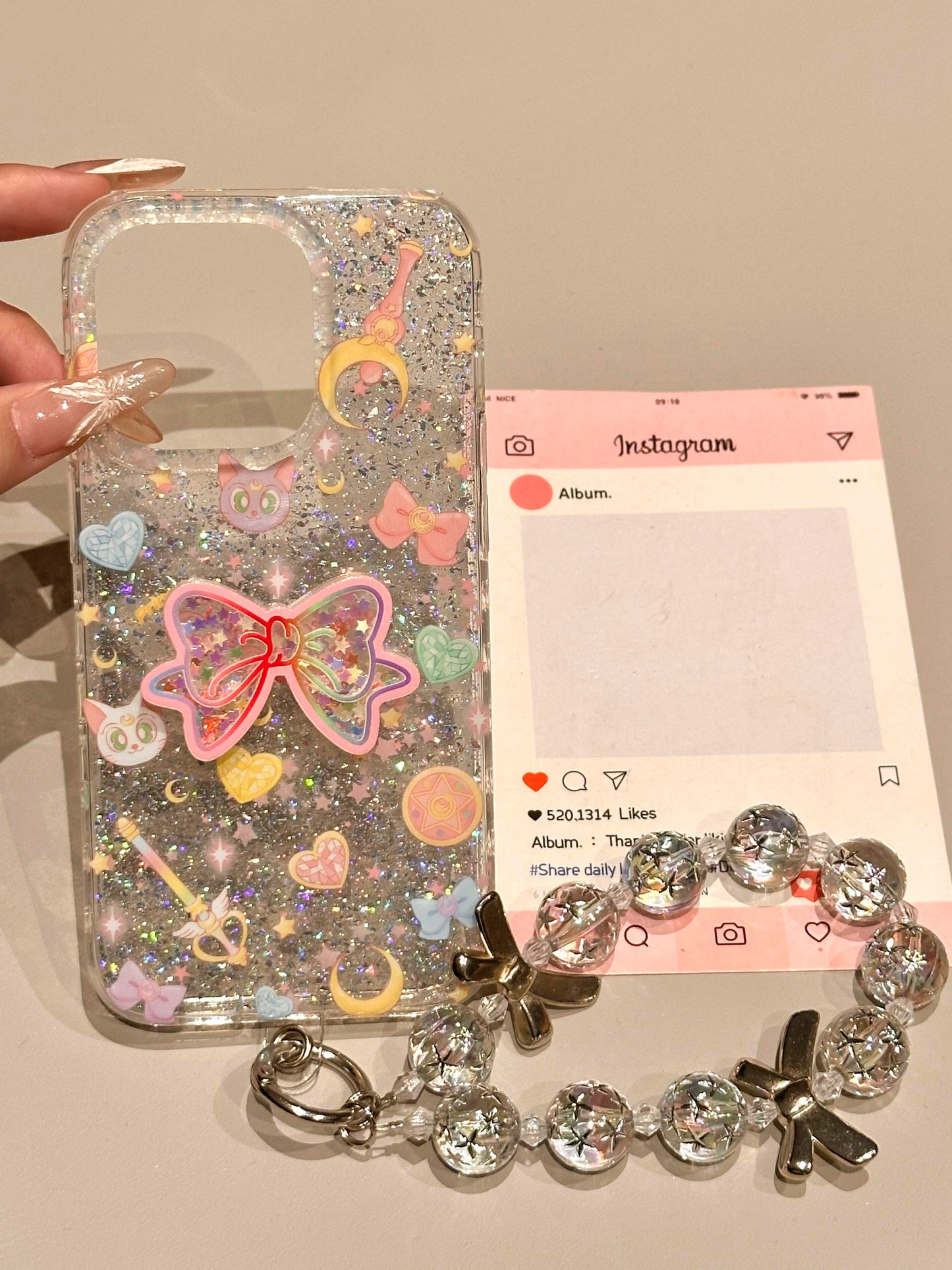 Cute Glitter Bow Black Cat Luna Double-sided Case Transparent Aesthetic Mobile Phone Case with Mobile Phone Chain Pendant Suitable for iPhone16 iPhone15 iPhone14 iPhone13