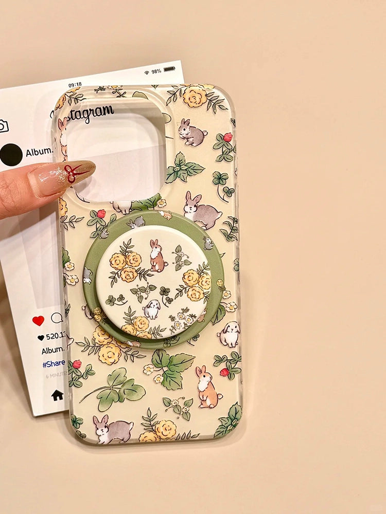 Flower Rabbit Magnetic Holder Pastoral Style Cute Aesthetic Mobile Phone Case Suitable for iPhone16 iPhone15 iPhone14 iPhone13